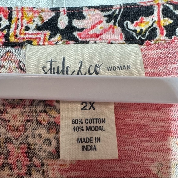 Style & Co Woman Blouse Top Plus 2X Boho Mixed Print Roll Tab Sleeves Red Hippie - Picture 4 of 10